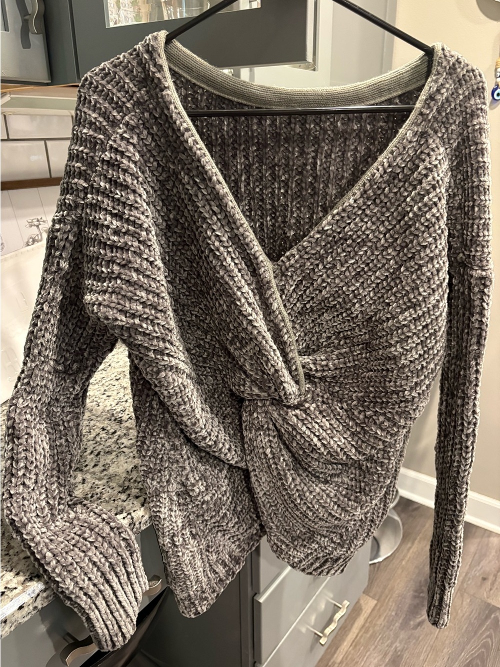 Gray Twist-Knot Women's Chenille Sweater